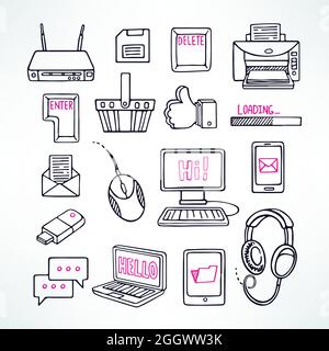 cute set of sketch computer icons on white background. hand-drawn illustration Stock Vector