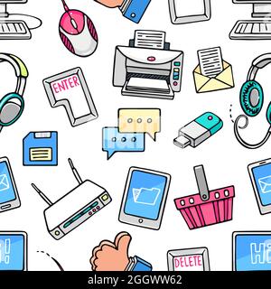cute seamless pattern with computer icons on white background. hand-drawn illustration Stock Vector