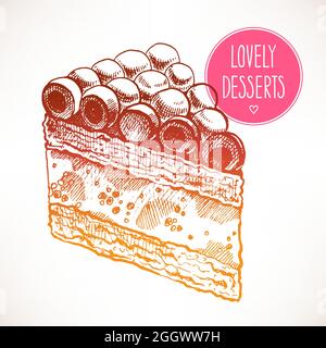 delicious piece of cake with cherries. hand-drawn illustration Stock Vector