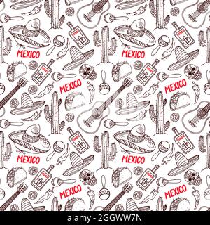cute seamless background of a different traditional Mexican items. hand-drawn illustration Stock Vector