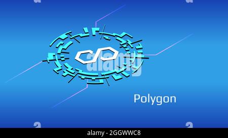 Polygon MATIC isometric token symbol in digital circle on blue background. Cryptocurrency coin icon. Decentralized finance programs. Vector illustrati Stock Photo