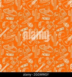 cute seamless orange background of a different traditional Mexican items. hand-drawn illustration Stock Vector