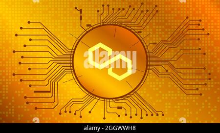 Polygon MATIC cryptocurrency token symbol of in circle with PCB tracks on gold background. Currency coin icon. Vector illustration. Stock Photo