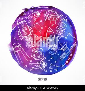 cute rockets and astronauts on a pink and purple watercolor background. hand-drawn illustration Stock Vector