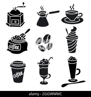 Illustration of the black and white coffee drinks icons set Stock Vector