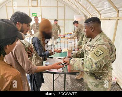 U.S. Army Chaplain's Team Soldiers from the 54th Signal Battalion. 335th Signal Command (Theater-Provisional) support Afghan evacuees with care package items at facilities in Kuwait. U.S. Army Central Soldiers from all components and specialties embrace the opportunity to support Afghanistan evacuation efforts with care and compassion. (U.S. Army photo by 1st Lt. Raza Muhammad) Stock Photo