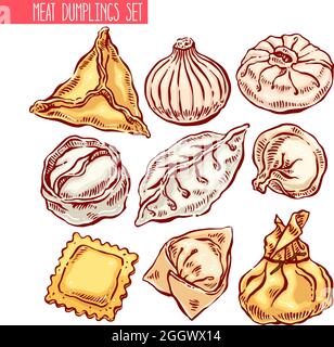 appetizing set of different dumplings. hand-drawn illustration Stock Vector