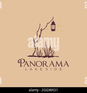 dry tree, lantern and flying fire fly on the lake side vector logo design Stock Vector