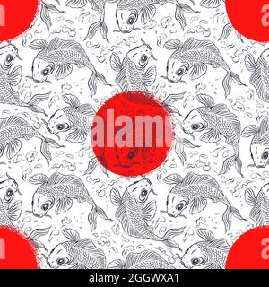 beautiful seamless background with Japanese carps in the red circle. hand-drawn illustration Stock Vector