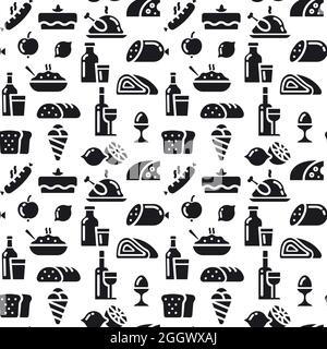 Illustration of the seamless pattern of a food and grocery in a black and white color. Stock Vector