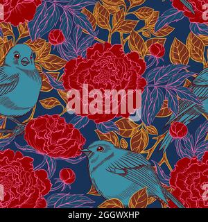 Beautiful retro seamless pattern of birds and blooming peonies Stock Vector