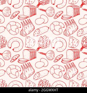 Seamless background with different sketch food. meat, cheese, bread Stock Vector