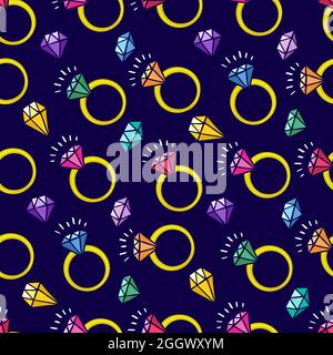 cute seamless background of rings and different gems on a dark background. hand-drawn illustration Stock Vector