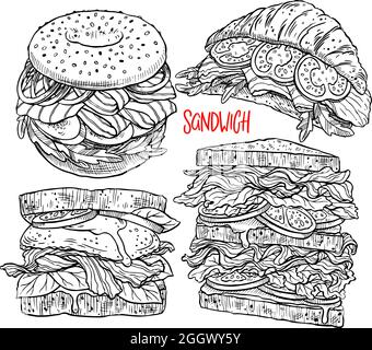 set of different appetizing sandwiches. Hand-drawn illustration Stock Vector