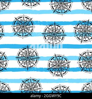 beautiful seamless marine background. Rose of Wind. hand-drawn illustration Stock Vector