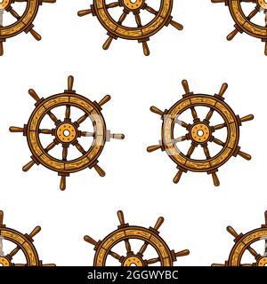 beautiful seamless background of maritime steering wheels. hand-drawn illustration Stock Vector