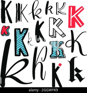 Letters K Set. Different styles. Hand-drawn illustration Stock Vector