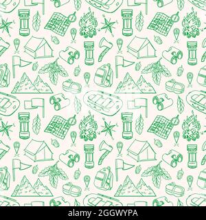 Seamless green background of sketch camping equipments. Hand-drawing illustration Stock Vector