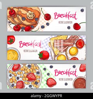 set with three banners of different types of breakfast. hand-drawn illustration Stock Vector