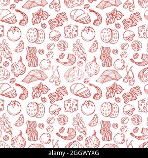 seamless pizza ingredients. bacon, greens, cheese, tomatoes. hand-drawn illustration Stock Vector