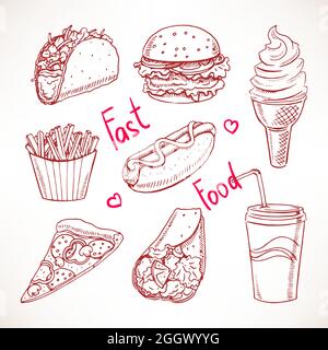 Set with various fast food. hot dog, hamburger, pizza slice. hand-drawn illustration Stock Vector