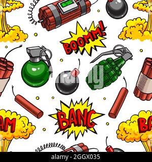 cute seamless pattern of various explosive devices. hand-drawn illustration Stock Vector