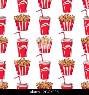seamless background with appetizing fried potatoes and drinks Stock Vector