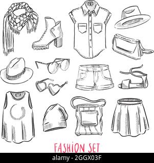 Fashion beach clothes and accessories. Linear drawing by hand on a