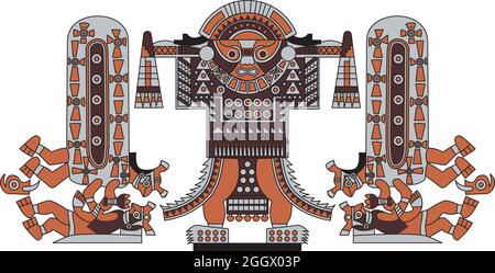 Tribal illustration with stylized warrior, typical of the Sican civilization, a pre Inca culture that existed in the Ferreñafe province,  Lambayeque R Stock Vector