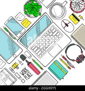 Hand drawn illustration of workplace top view with work elements Stock Vector