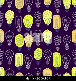 Seamless background of different light bulbs. hand-drawn illustration Stock Vector
