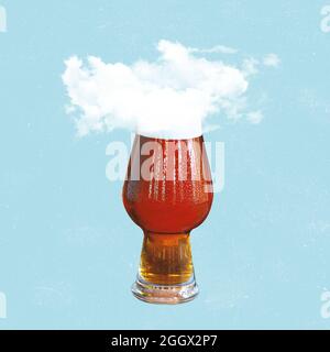 Modern design, contemporary art collage. Inspiration, idea, trendy urban magazine style. Huge glass with dark beer and foam as cloud on light blue Stock Photo