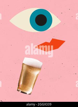 Contemporary art collage, modern design. Holiday mood. Composition with painted human eye and lips looking at glass with light foamed beer on pink Stock Photo