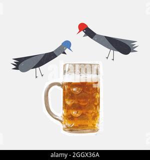Contemporary art collage, modern design. Holiday mood. Composition with two pigeons sitting and looking at glass with light foamed beer on white Stock Photo
