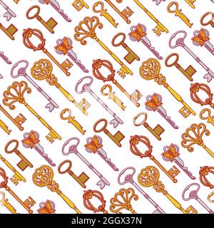 Beautiful seamless background of orange vintage keys on a blue background. hand-drawn illustration Stock Vector
