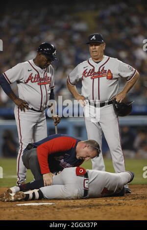 Atlanta Braves second basemen Ozzie Albies (1) gets injured while batting  during an MLB regular season game against the Los Angeles Dodgers, Tuesday  Stock Photo - Alamy