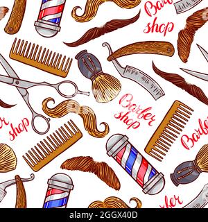 barber shop. seamless background of hairdressing accessories and different mustache. hand-drawn illustration Stock Vector