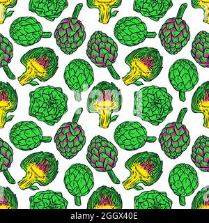 beautiful seamless pattern of bright color artichokes on a white background. hand-drawn illustration Stock Vector