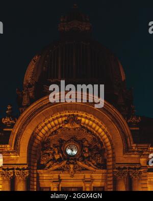 The clock and arch of the CEC Palace in Bucharest, built in eclectic ...
