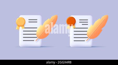 Paper letter with stamp and feather, modern 3d certificate icon, simple render style in two variants Stock Vector