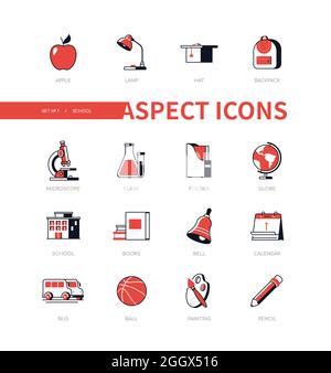 School - modern line design style icon set with red flat elements. Attributes for studying in the lower grades. Backpack, apple, folder, bell, bus, te Stock Vector