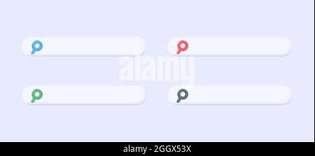 Set of 3d icons of search bar with magnifying glass in different colors, modern 3d graphic Stock Vector