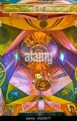 PEREIASLAV, UKRAINE - MAY 22, 2021: The inner dome of Museum of Ukrainian Orthodox Church History is covered with colorful murals, Pereiaslav Scansen, Stock Photo