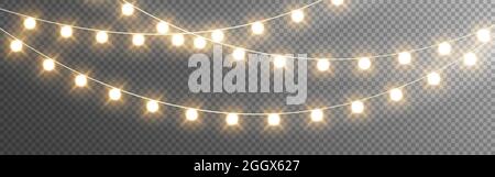 Christmas lights. Realistic garlands on transparent backdrop. Bright glowing elements. Light bulbs for greeting card, poster or web. Vector Stock Vector