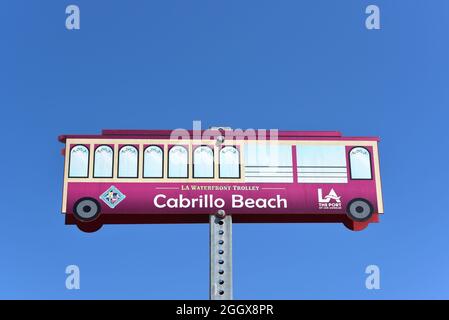 SAN PEDRO, CALIFORNIA - 27 AUG 2021: Sign for the LA Waterfront Trolley at Cabrillo Beach. Stock Photo
