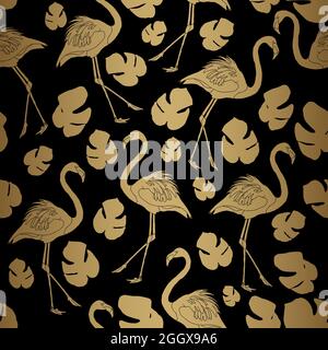 Black Gold Flamingo Seamless Pattern Stock Vector