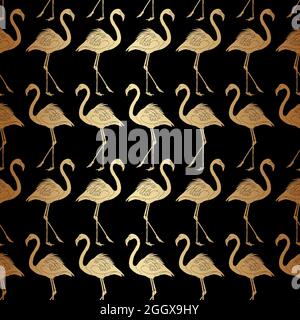 Gold Black Flamingo  Pattern Blackground Stock Vector