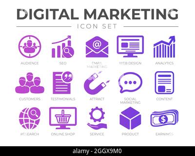 Digital Marketing Icon Set. SEO, Email Marketing, Web Design, Analytics, Audience, Customers, Testimonials, Attract, Social Marketing, etc Icons. Stock Vector