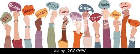 Raised arms and hands of multi-ethnic people from different nations holding speech bubbles with text -thank you- in various international languages. Stock Vector