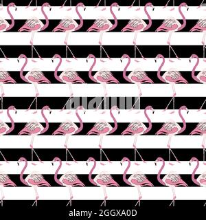 Pink Flamingo Black Stripes Pattern Stock Vector